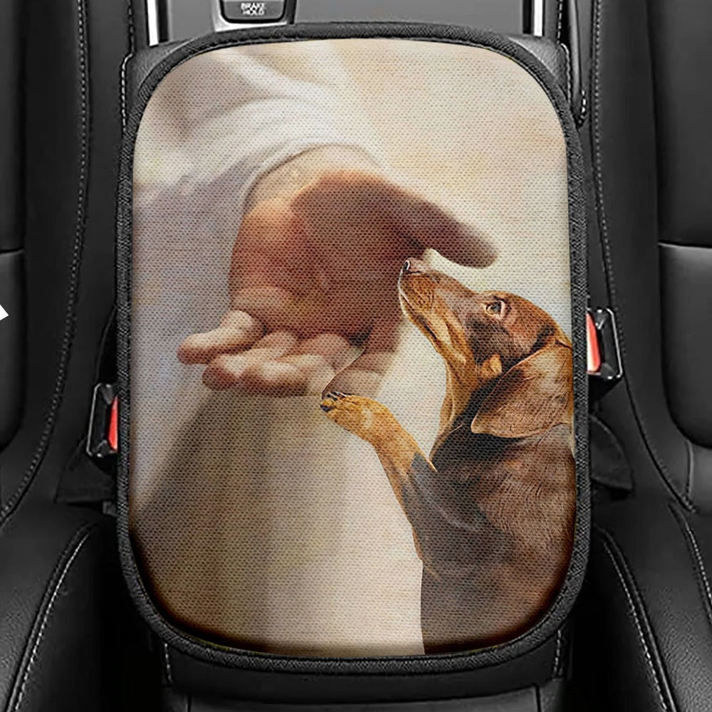 Dachshund Handshake With Jesus Seat Box Cover, Jesus Car Center Console Cover, Christian Car Interior Accessories