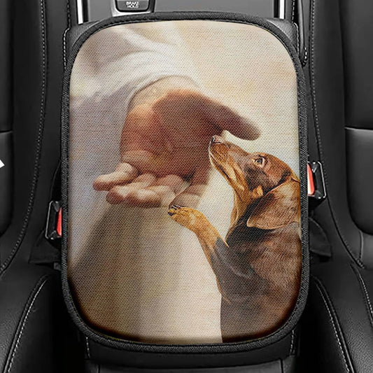 Dachshund Handshake With Jesus Seat Box Cover, Jesus Car Center Console Cover, Christian Car Interior Accessories