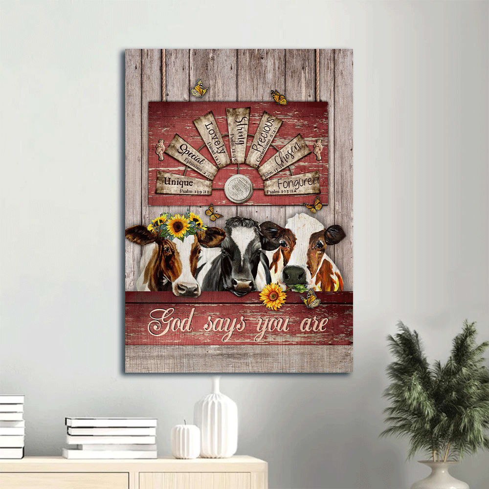 Dairy Cow Canvas Wall Art - God Says You Are - Sunflower Wreath & Windmill Portrait Canvas - Gift For Christian