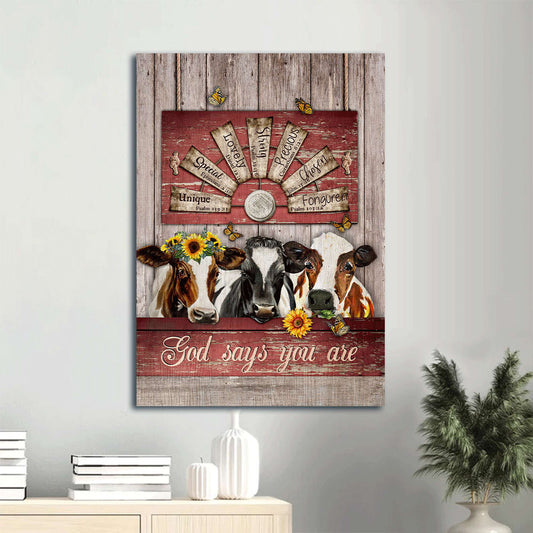 Dairy Cow Canvas Wall Art - God Says You Are - Sunflower Wreath & Windmill Portrait Canvas - Gift For Christian