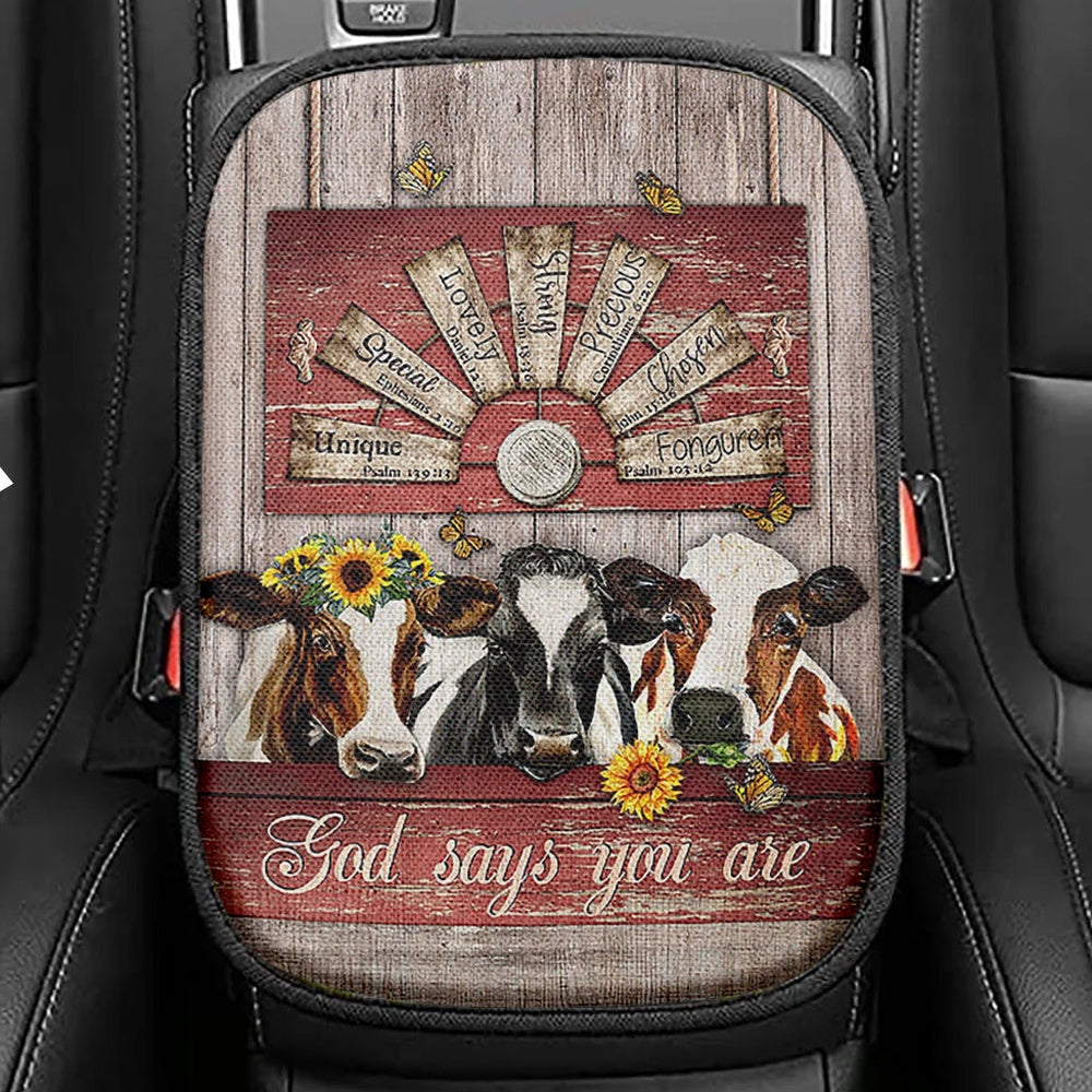 Dairy Cow Sunflower Wreath Windmill Seat Box Cover, God Says You Are Car Center Console Cover, Christian Car Interior Accessories