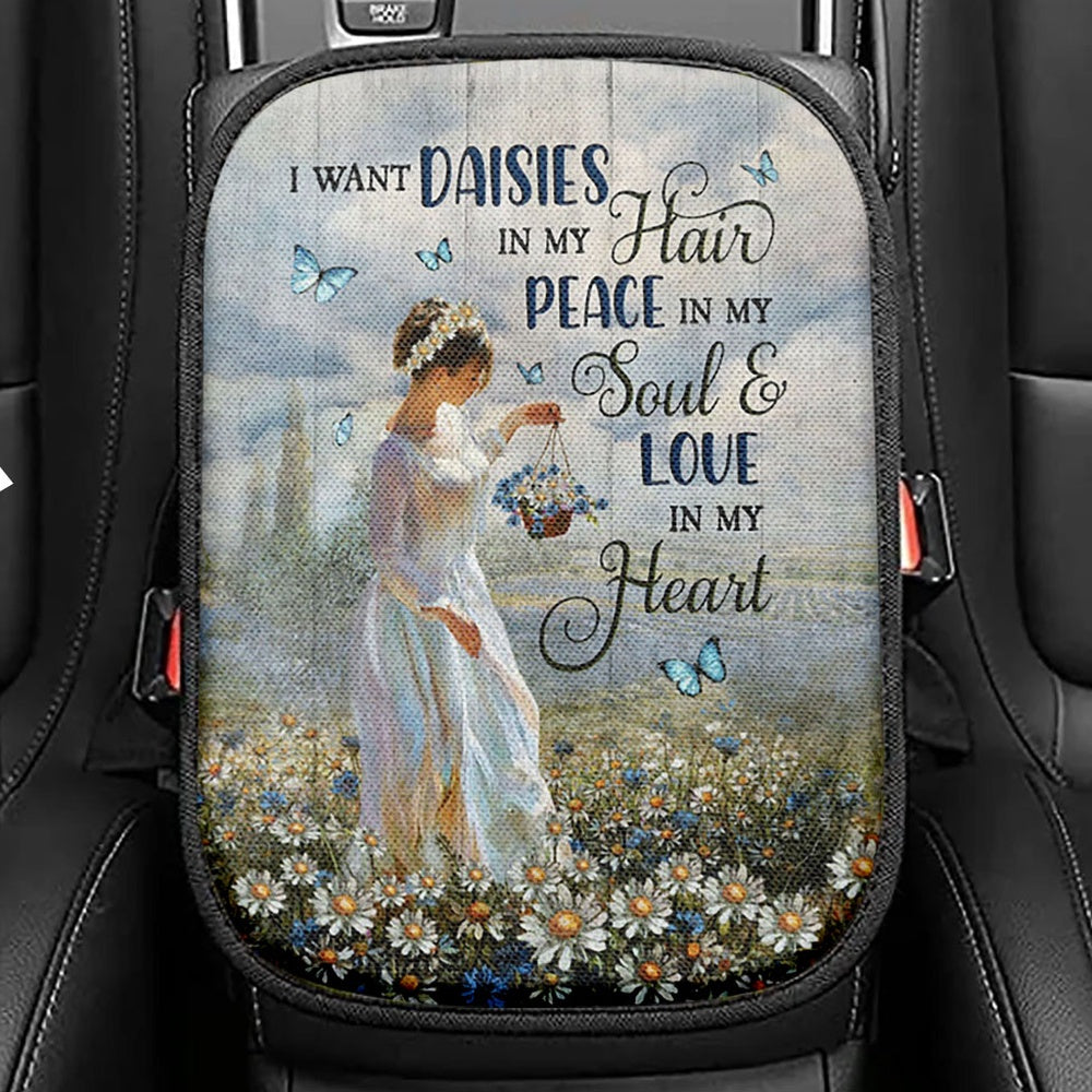 Daisy Field Blue Butterfly Seat Box Cover, I Want Daisies In My Hair Car Center Console Cover, Christian Car Interior Accessories