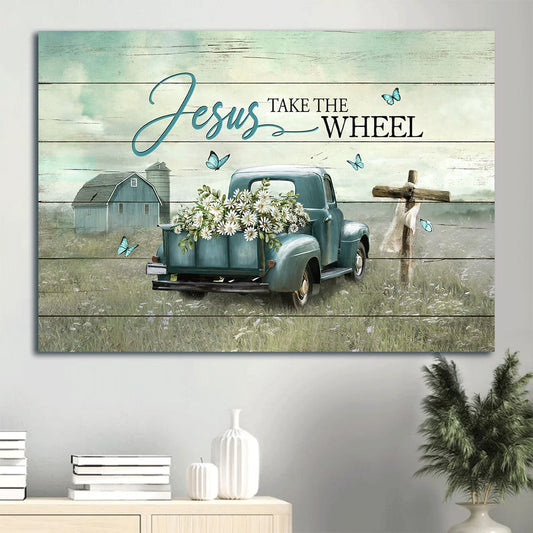 Daisy Field Ladybug Car Wooden Cross Blue Butterfly Canvas Jesus Take The Wheel Canvas Wall Art - Christian Wall Decor