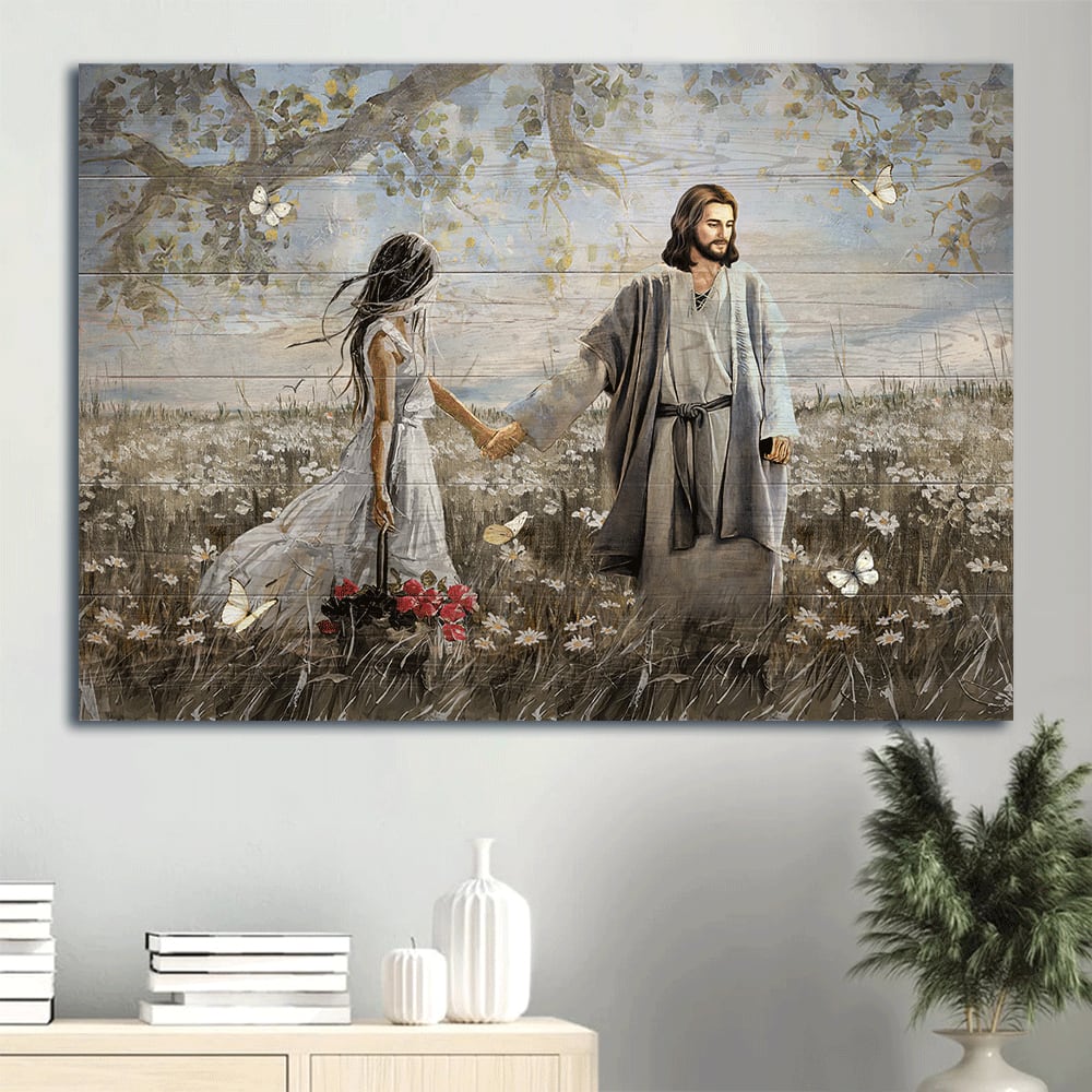 Daisy Field Pretty Girl Rose Vase Walking With Jesus White Butterfly Canvas Wall Art - Christian Wall Decor