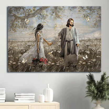 Daisy Field Pretty Girl Rose Vase Walking With Jesus White Butterfly Canvas Wall Art - Christian Wall Decor