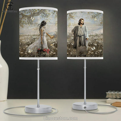 Daisy Field Pretty Girl Rose Vase Walking With Jesus White Butterfly Table Lamp For Bedroom - Bible Verse Table Lamp - Religious Room Decor
