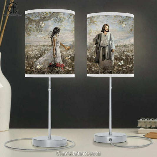 Daisy Field Pretty Girl Rose Vase Walking With Jesus White Butterfly Table Lamp For Bedroom - Bible Verse Table Lamp - Religious Room Decor