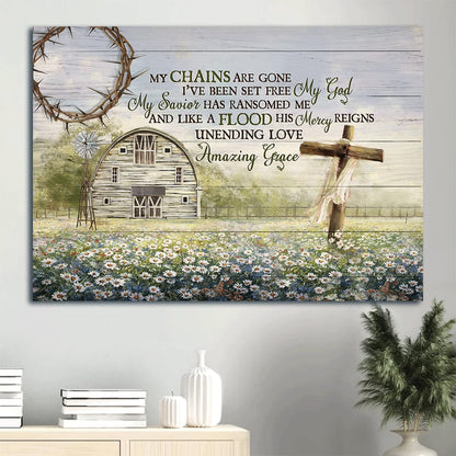 Daisy Field Wooden Cross Tranquil Farm Windmill Canvas My Chains Are Gone I've Been Set Free Canvas Wall Art - Christian Wall Decor