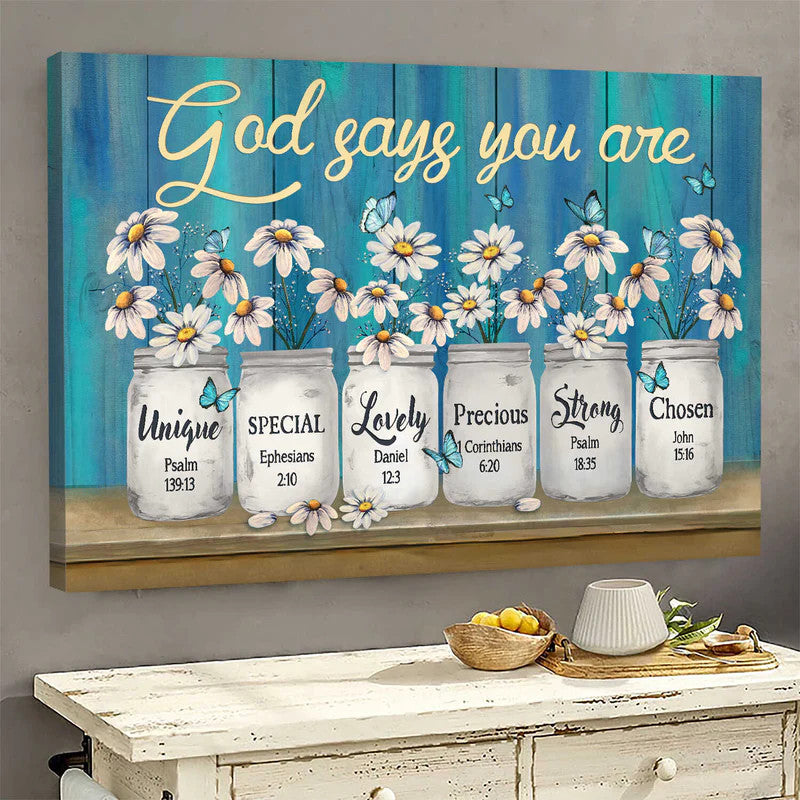 Daisy Flower Manson Jars Blue Background Canvas God Says You Are Canvas Wall Art - Christian Wall Decor