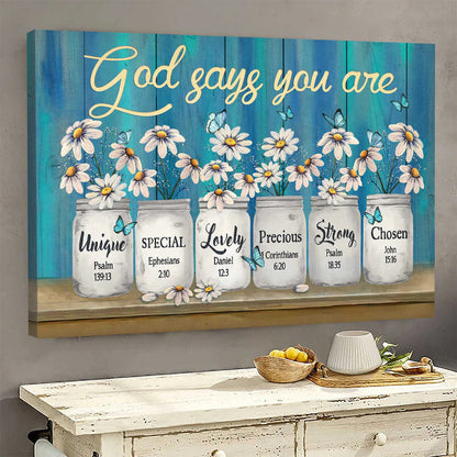 Daisy Flower Manson Jars Blue Background Canvas God Says You Are Canvas Wall Art - Christian Wall Decor