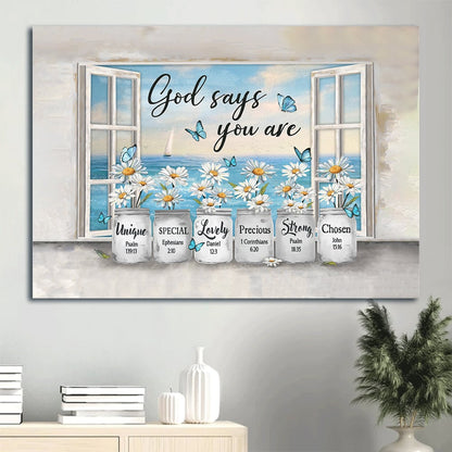 Daisy Flower Window Frame Sea Painting Blue Butterfly Canvas God Says You Are Canvas Wall Art - Christian Wall Decor