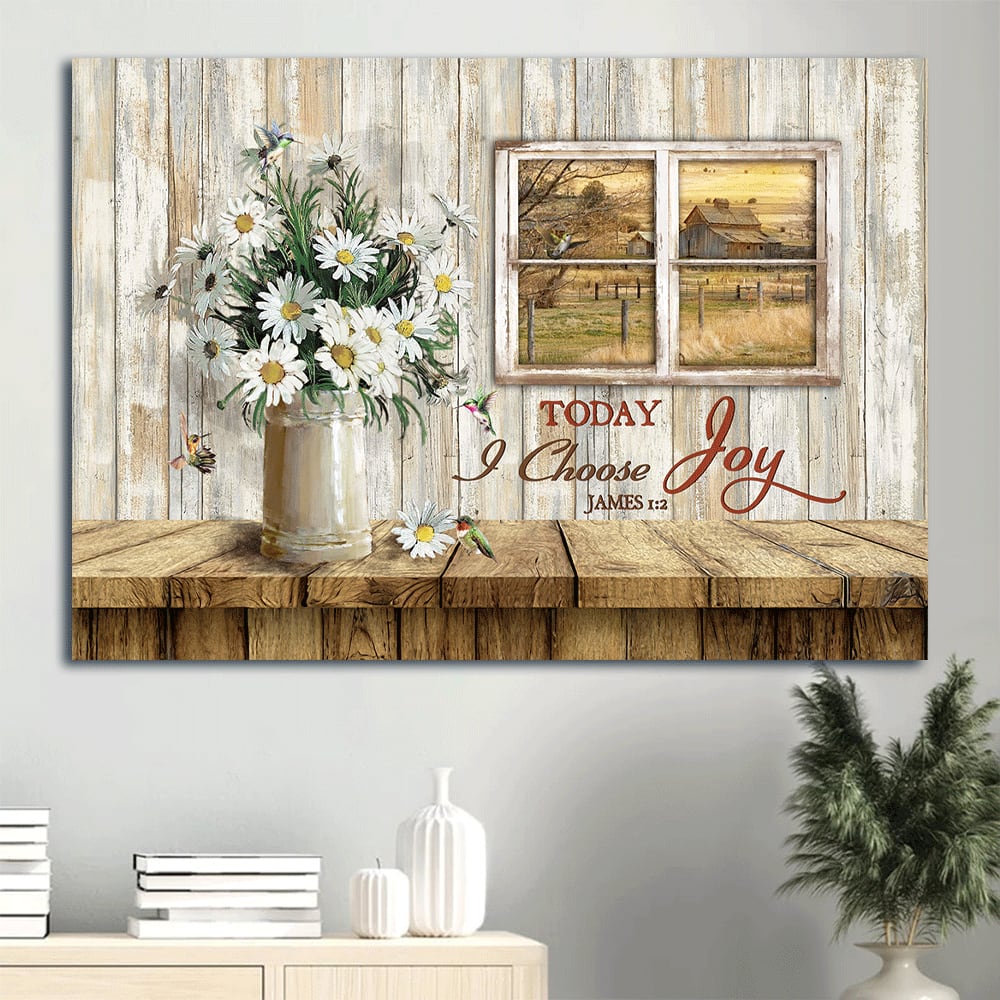 Daisy Vase Window Frame Farmhouse Meadow Land Canvas Today I Choose Joy Canvas Wall Art - Christian Wall Decor