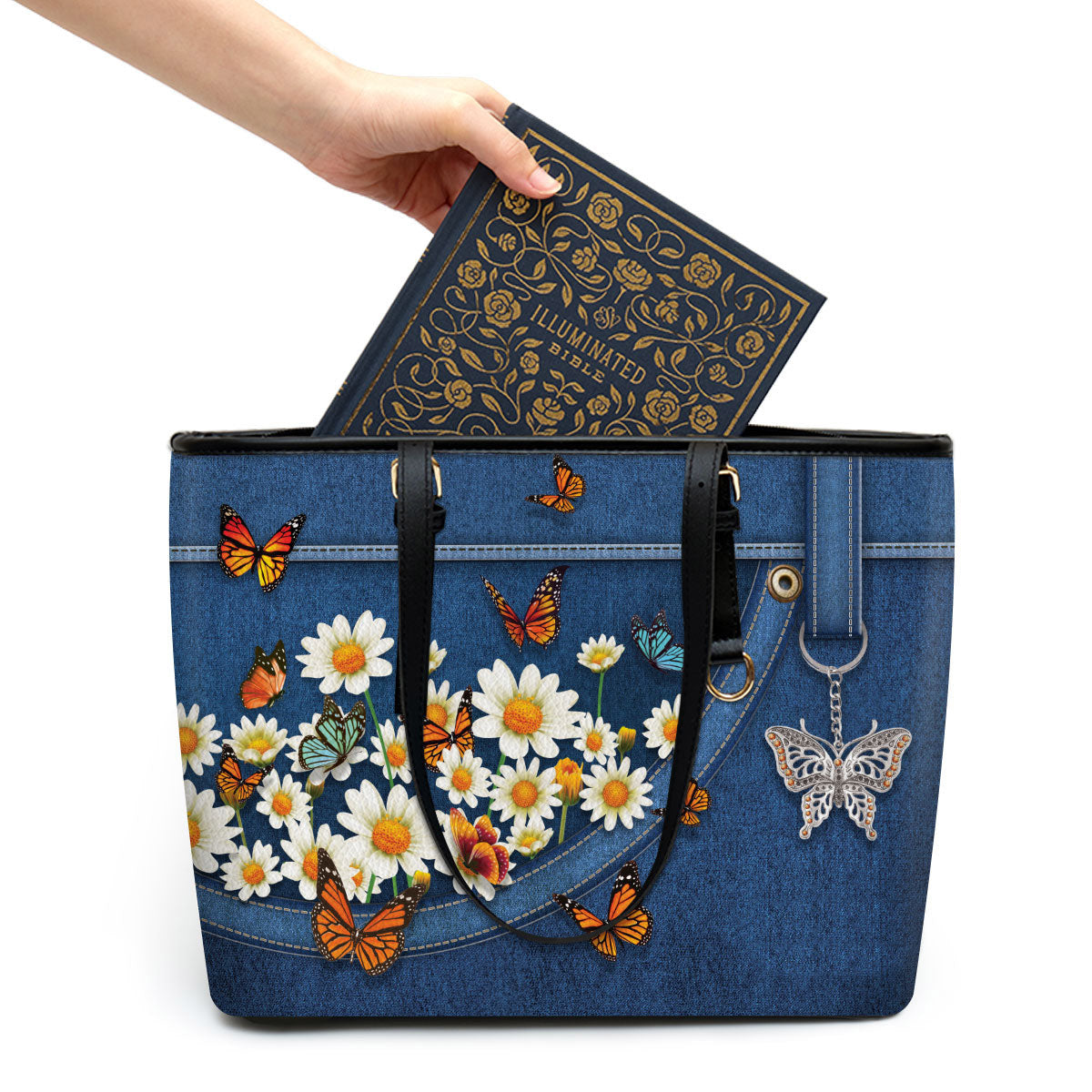 Daisy and Butterfly Large Leather Tote Bag - Christ Gifts For Religious Women - Best Mother's Day Gifts