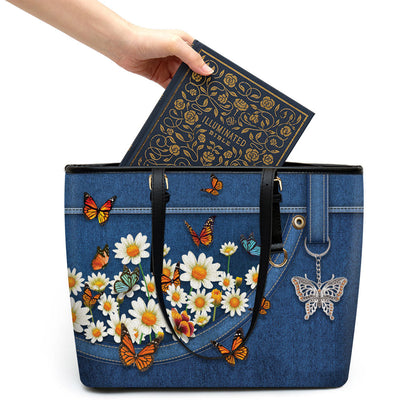 Daisy and Butterfly Large Leather Tote Bag - Christ Gifts For Religious Women - Best Mother's Day Gifts