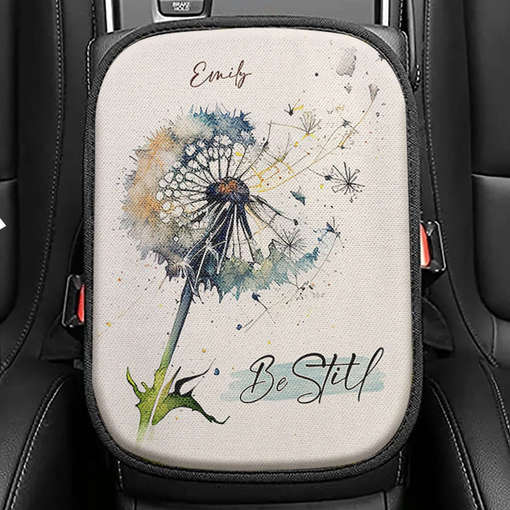 Dandelion Be Still Personalized Seat Box Cover, Christian Car Center Console Cover, Bible Verse Gift For Women Of God