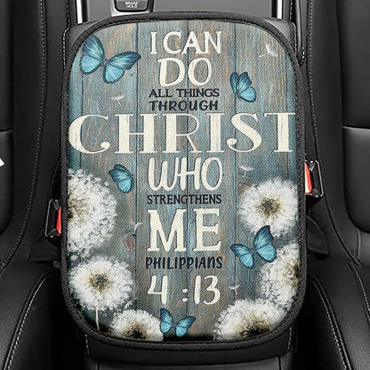 Dandelion Butterfly I Can Do All Things Through Christ Who Strengthens Me Seat Box Cover, Bible Car Center Console Cover, Religious Car Armrest Cover