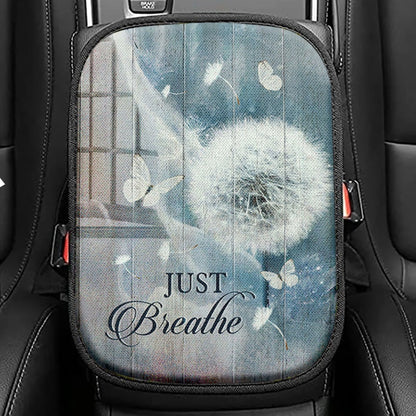 Dandelion Crystal Butterfly Bible Verse Just Breathe Seat Box Cover, Christian Car Center Console Cover, Religious Car Interior Accessories