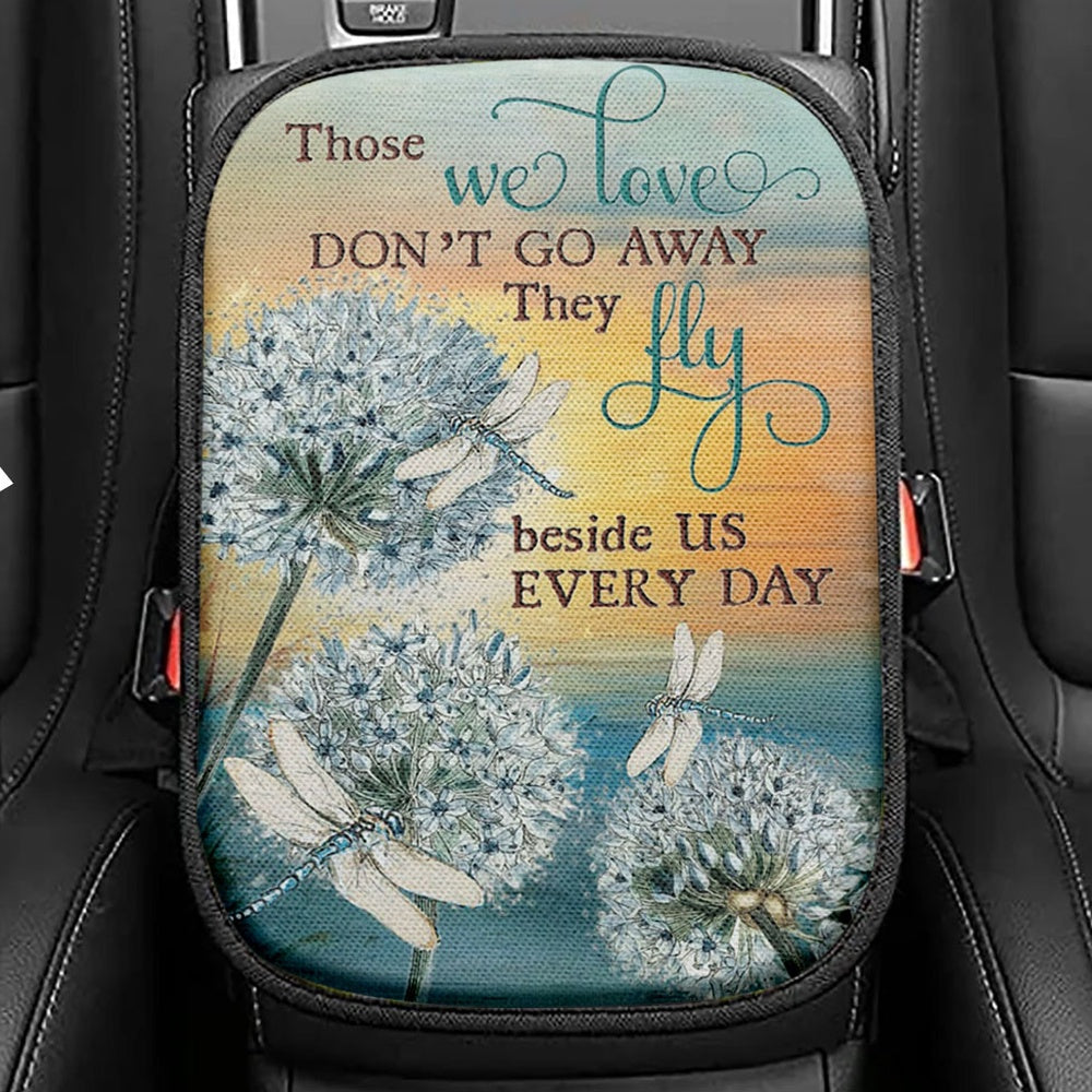Dandelion Dragonfly Those We Love Don't Go Away Seat Box Cover, Christian Car Center Console Cover, Religious Car Interior Accessories