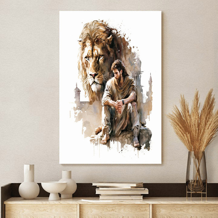 Daniel In The Lions Den In Watercolor - Canvas Pictures - Jesus Canvas Art - Christian Wall Art