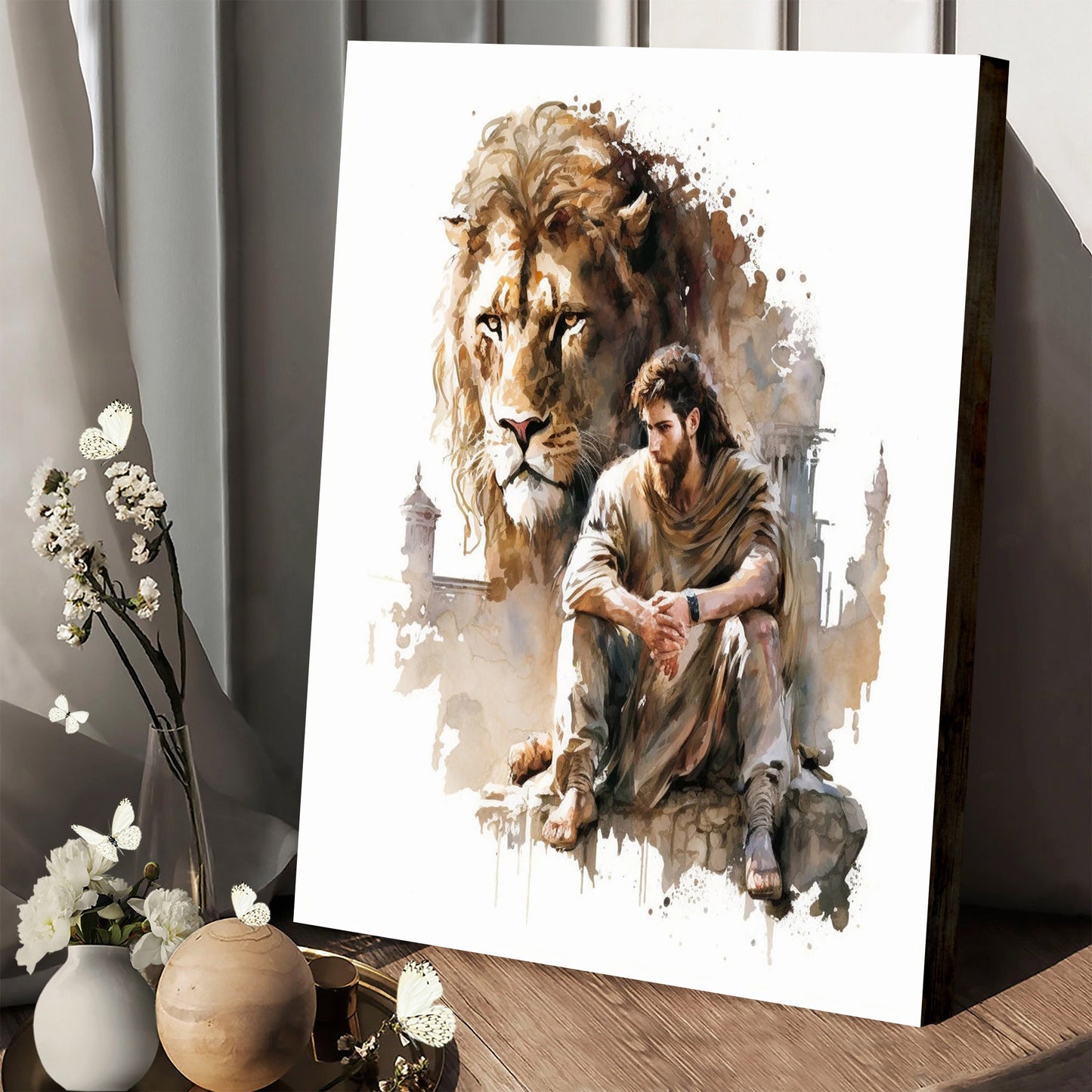 Daniel In The Lions Den In Watercolor - Canvas Pictures - Jesus Canvas Art - Christian Wall Art