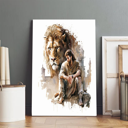 Daniel In The Lions Den In Watercolor - Canvas Pictures - Jesus Canvas Art - Christian Wall Art