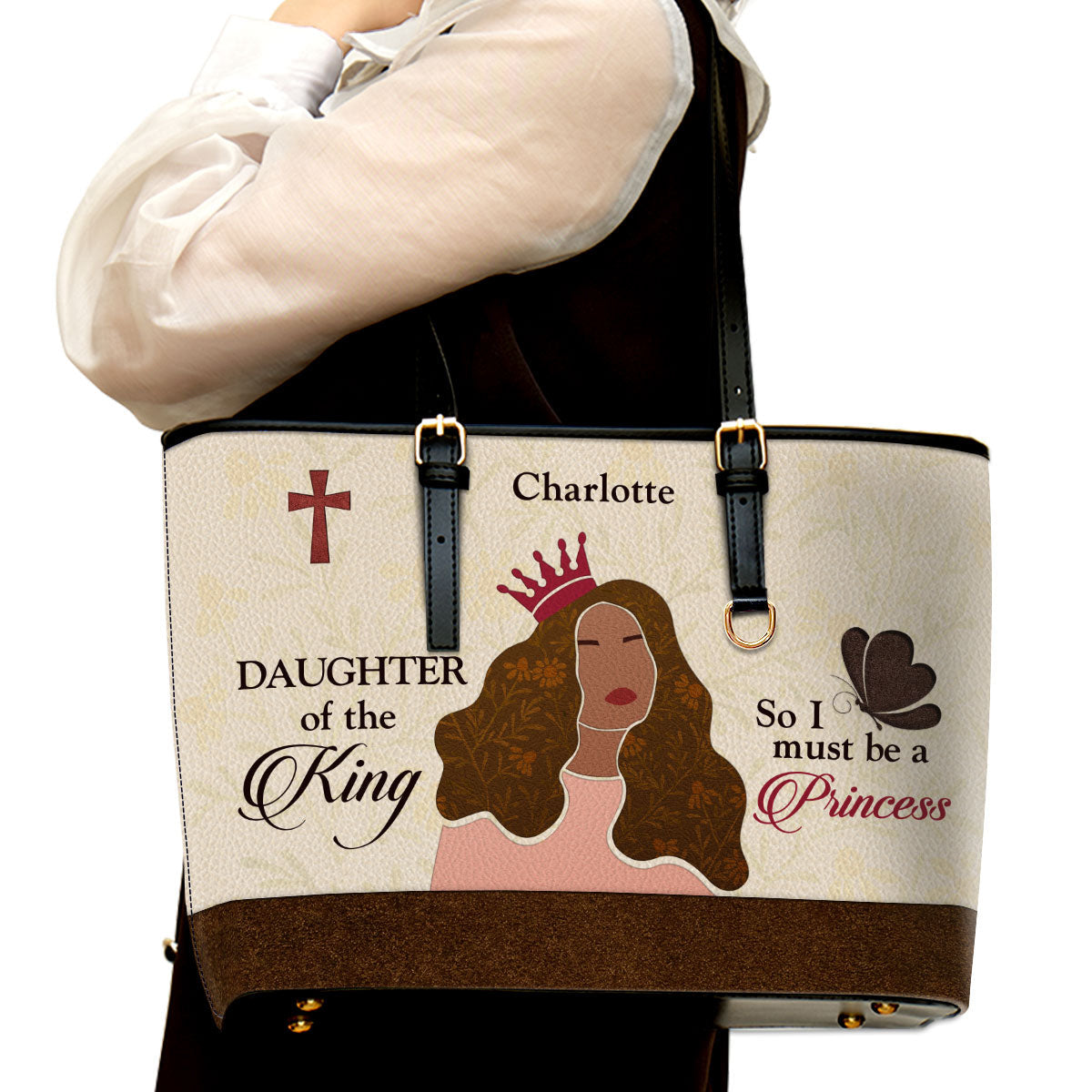 Daughter Of The King Personalized Large Leather Tote Bag - Christian Gifts For Women