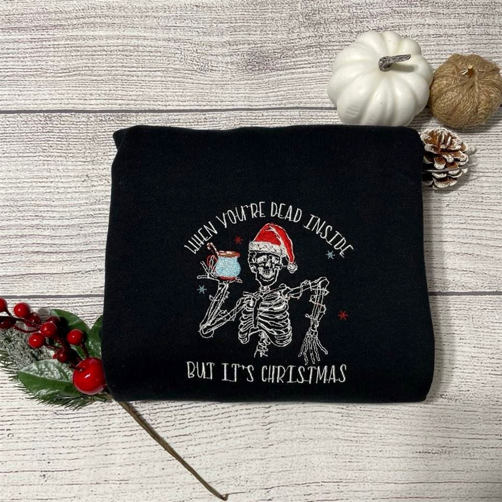 Dead Inside Skeleton Embroidered Sweatshirt, Women's Embroidered Sweatshirts