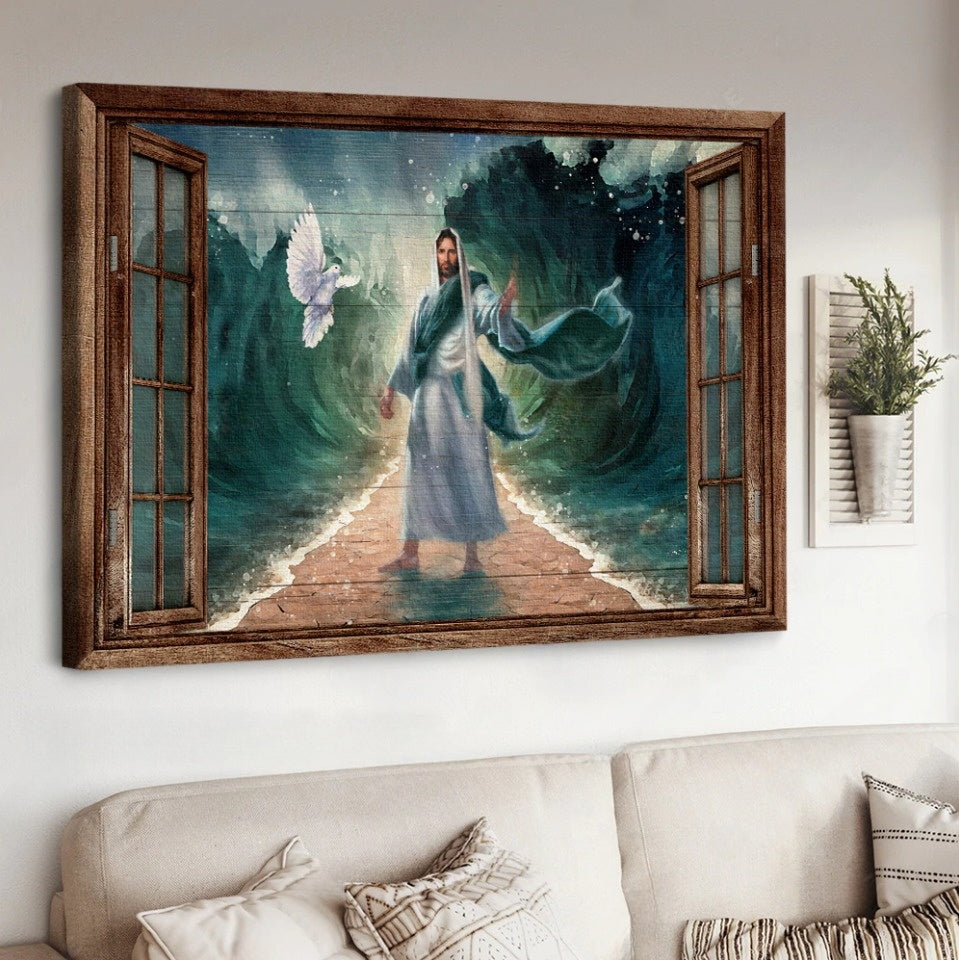 Deep Ocean White Dove Antique Window Walking With Jesus Canvas Wall Art - Jesus Canvas Pictures - Christian Wall Posters