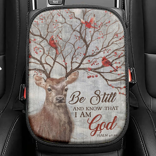 Deer Cardinal Be Still And Know That I Am God Seat Box Cover, Christian Car Center Console Cover, Religious Car Interior Accessories