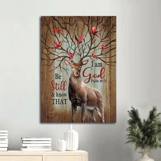 Deer Cardinal Winter Tree Be Still And Know That I Am God Canvas Wall Art - Christian Gift