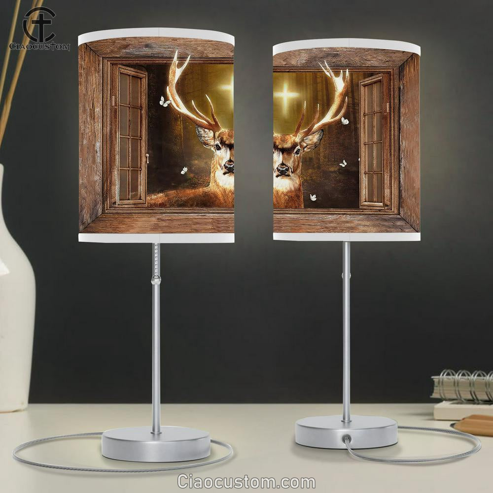 Deer Cross Light Window Frame In The Forest White Butterfly Table Lamp For Bedroom - Bible Verse Table Lamp - Religious Room Decor