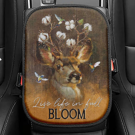 Deer Flower Crown Hummingbird Live Life In Full Bloom Seat Box Cover, Christian Car Center Console Cover, Bible Verse Car Interior Accessories