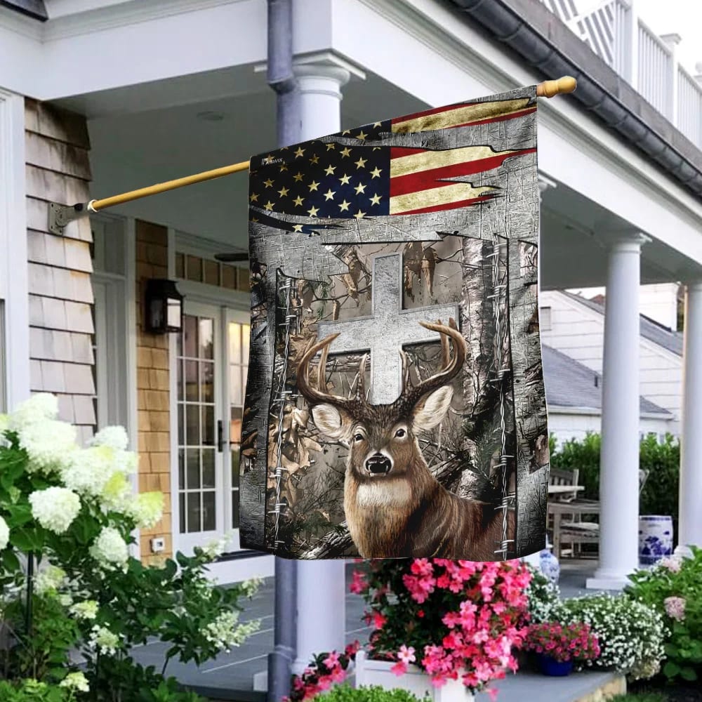 Deer Hunting Jesus Cross American US Flag - Outdoor Christian House Flag - Christian Garden Flags