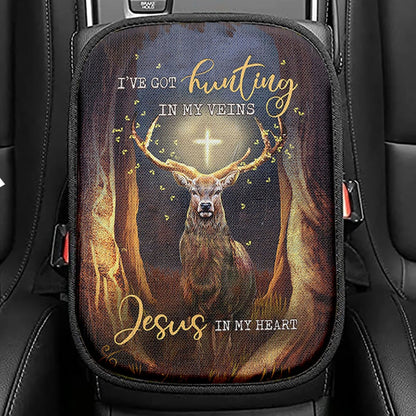 Deer I Got Hunting In My Veins Jesus In My Heart Seat Box Cover, Bible Verse Car Center Console Cover, Christian Inspirational Car Armrest Cover