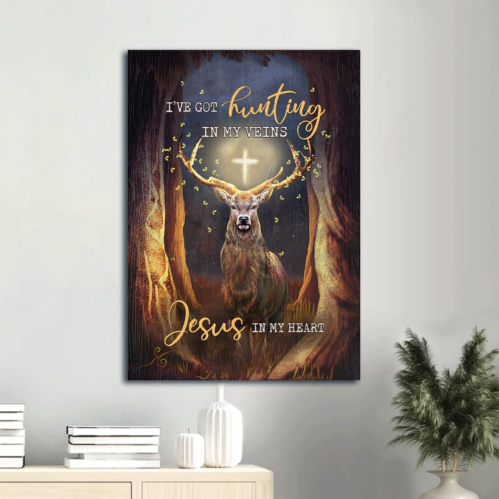 Deer Painting The Mystery Forest The Glowing Cross I Got Hunting In My Veins Jesus In My Heart Canvas Wall Art - Christian Gift