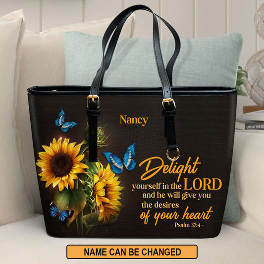 Delight Yourself In The Lord Personalized Large Leather Tote Bag - Christian Gifts For Women