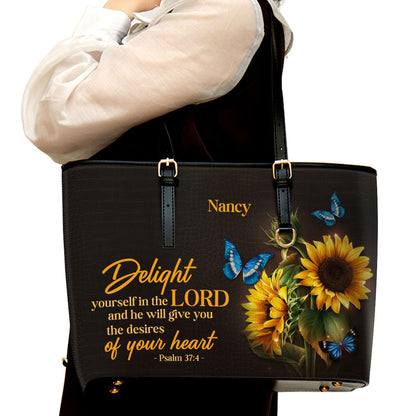 Delight Yourself In The Lord Personalized Large Leather Tote Bag - Christian Gifts For Women