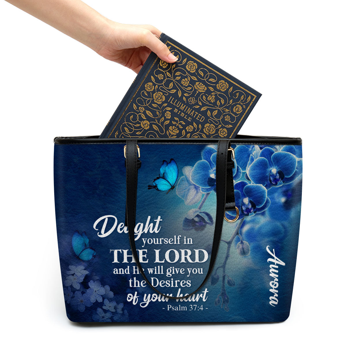 Delight Yourself In The Lord Psalm 374 Blue Orchids And Lilac Personalized Large Leather Tote Bag - Christian Gifts For Women