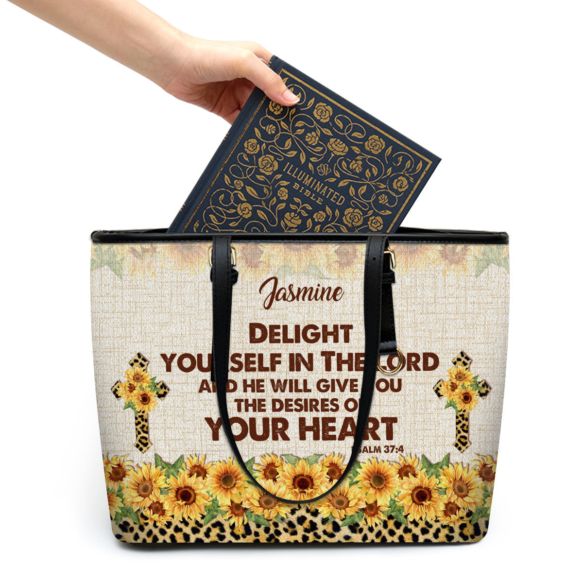 Delight Yourself In The Lord Psalm 374 Sunflower And Cross Personalized Large Leather Tote Bag - Christian Gifts For Women