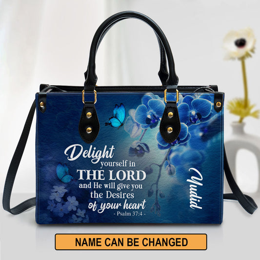 Delight Yourself In The Lord Psalm 37 4 Blue Orchids And Lilac Leather Bag - Personalized Leather Bible Handbag - Christian Gifts for Women