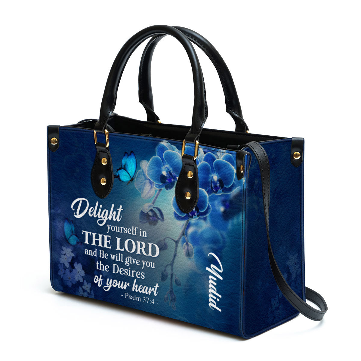 Delight Yourself In The Lord Psalm 37 4 Blue Orchids And Lilac Leather Bag - Personalized Leather Bible Handbag - Christian Gifts for Women