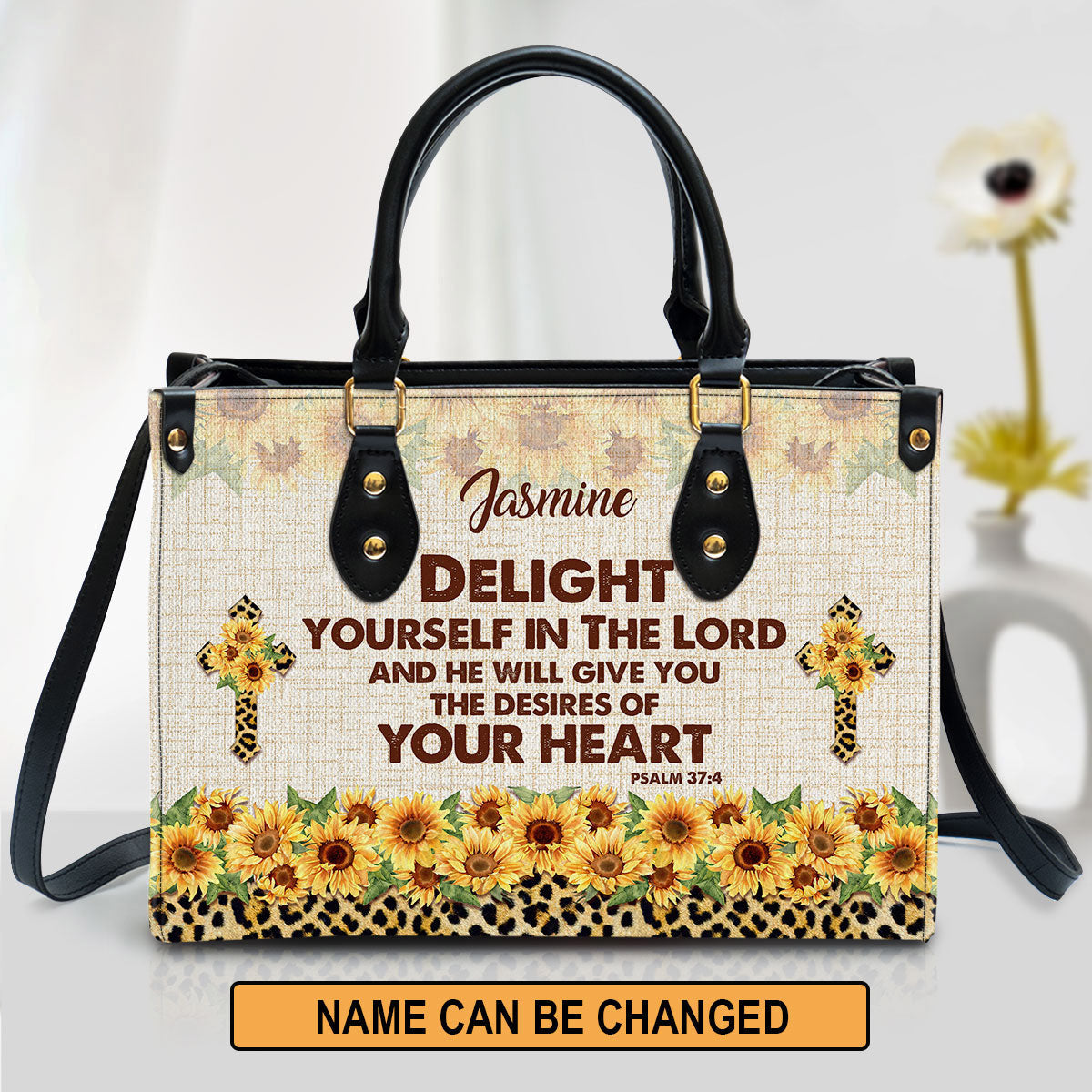 Delight Yourself In The Lord Psalm 37 4 Sunflower And Cross Leather Bag - Personalized Leather Bible Handbag - Christian Gifts for Women