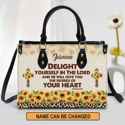 Delight Yourself In The Lord Psalm 37 4 Sunflower And Cross Leather Bag - Personalized Leather Bible Handbag - Christian Gifts for Women