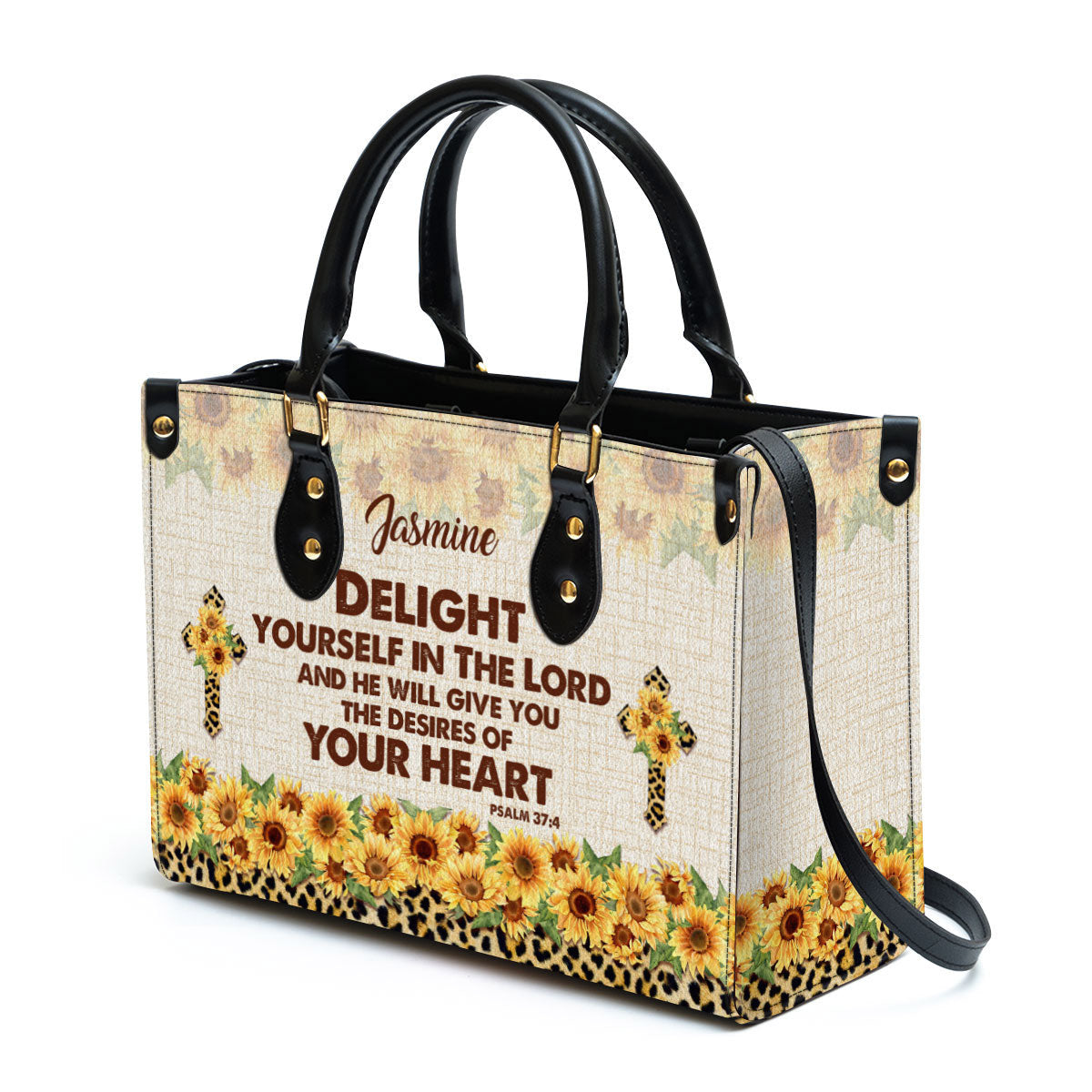 Delight Yourself In The Lord Psalm 37 4 Sunflower And Cross Leather Bag - Personalized Leather Bible Handbag - Christian Gifts for Women