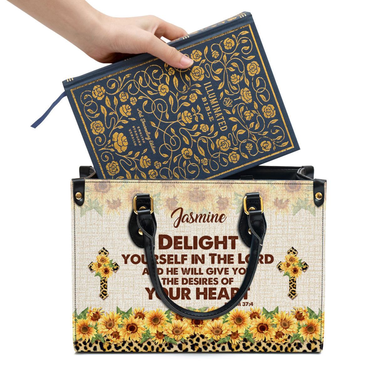 Delight Yourself In The Lord Psalm 37 4 Sunflower And Cross Leather Bag - Personalized Leather Bible Handbag - Christian Gifts for Women
