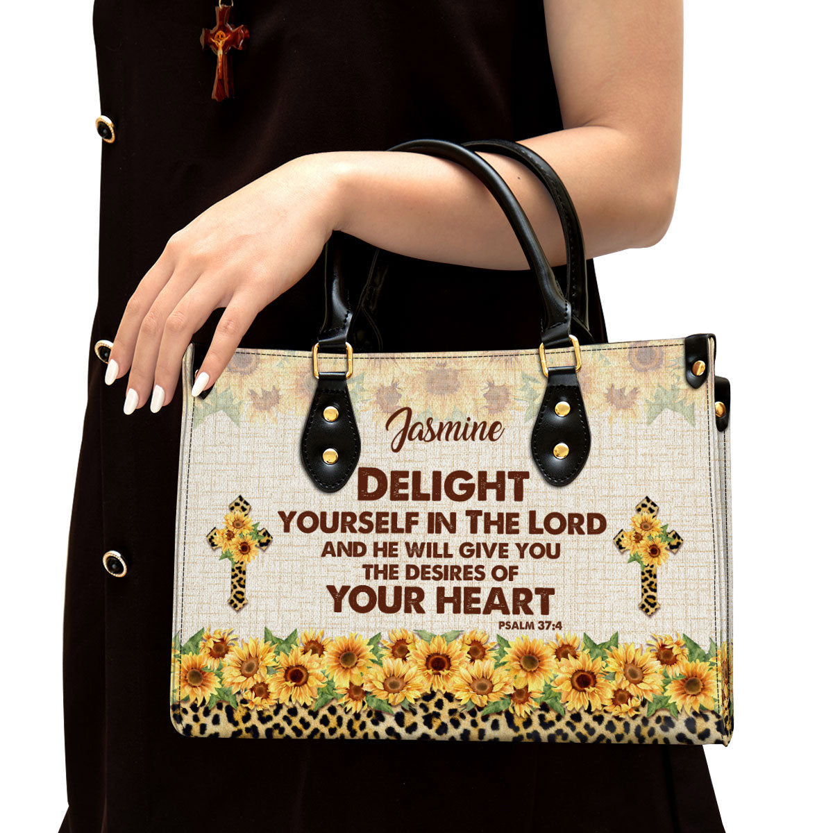 Delight Yourself In The Lord Psalm 37 4 Sunflower And Cross Leather Bag - Personalized Leather Bible Handbag - Christian Gifts for Women