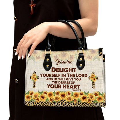 Delight Yourself In The Lord Psalm 37 4 Sunflower And Cross Leather Bag - Personalized Leather Bible Handbag - Christian Gifts for Women