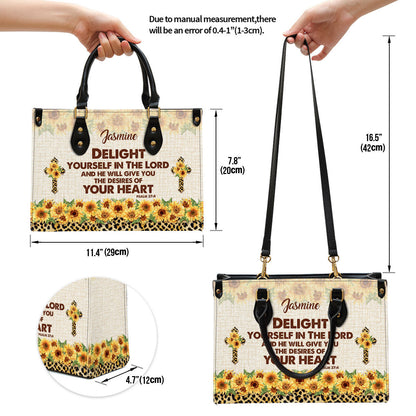 Delight Yourself In The Lord Psalm 37 4 Sunflower And Cross Leather Bag - Personalized Leather Bible Handbag - Christian Gifts for Women