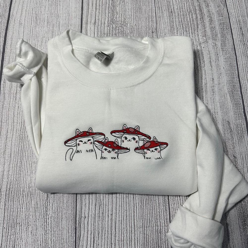 Delightful Mushroom Cats Embroidered Crewneck, Women's Embroidered Sweatshirts