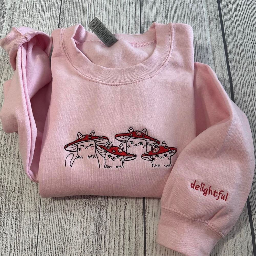Delightful Mushroom Cats Embroidered Crewneck, Women's Embroidered Sweatshirts